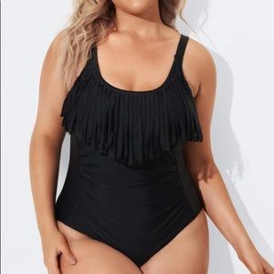 Black V-Neck Fringe Vintage One Piece Swimsuits